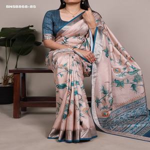 Fournisseur indien de collections de saris et de chemisiers en soie Tussar de qualité export, pour occasions spéciales, avec bordure en viscose et motifs imprimés. - Product Image 1