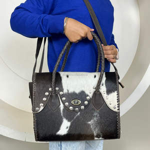 Bolso de Mano de Cuero Vacuno Genuino de Diseño Único para Mujer, Bolso de Cuero con Pelo Hecho a Mano con Asas Trenzadas y Correa para el Hombro - Product Image 4