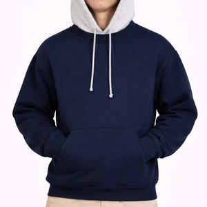 Sweat-shirt à capuche pour homme, bleu marine, avec capuche contrastante grise, en molleton de coton, coupe décontractée, chaud pour l'hiver, avec poche kangourou - Product Image 1