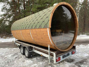 Sauna en bois naturel monté sur remorque avec verrière panoramique, résistant aux intempéries, avec toit en tuiles vertes pour le glamping - Product Image 2