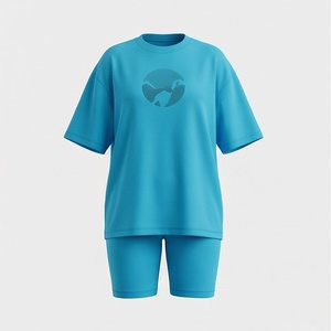 Conjunto Deportivo de 2 Piezas para Mujer, Camiseta de Manga Corta y Pantalones Cortos por Encima de la Rodilla, Color Sólido, Transpirable, Tejido de Punto, Cuello Redondo, Azul - Product Image 1