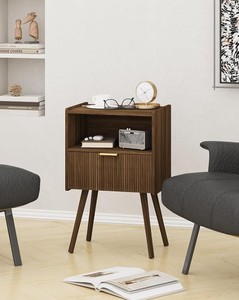 Modern Wood Nightstand With Single Drawer <b>Storage</b> with Fluted Design and Open <b>Storage</b> Midcentury Design Bedroom Furniture - Product Image 5