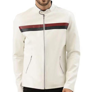 Custom Men's Slim Fit White PU Leather Biker <b>Jacket</b> Racing Stripe Motorcycle Coat Fashion Stand Collar Casual Zip Outerwear - Product Image 1