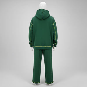 Men's Green Contrast Stitching Fleece Tracksuit Two Piece Set Oversized Pullover <b>Hoodie</b> And Wide Leg Sweatpants Casual - Product Image 4