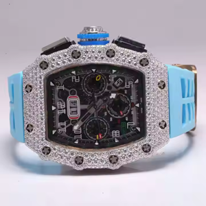 Bracelet de luxe rectangulaire en caoutchouc bleu, style sport hip-hop, entièrement serti de diamants, en acier inoxydable, boîtier carré de 41 mm - Product Image 1