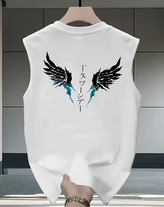 Men's White Sleeveless Tank Top With Black Wings And Japanese Text Print O-Neck Casual Wear Breathable Knitted Cotton - Product Image 1
