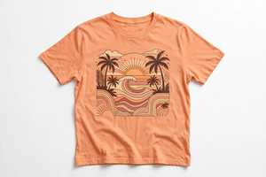 Camiseta de Jersey con Estampado de Palmeras al Atardecer para Mujer, Cuello Redondo Color Durazno, Manga Corta, Transpirable, Informal, para Verano - Product Image 2