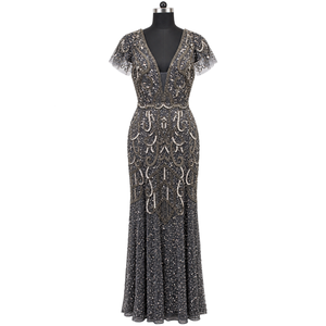 Distinctive <b>Black</b> Embellished Evening Gown Plunging V Neck | Sheer Cap Sleeves Paisley Beadwork <b>Floor</b> <b>Length</b> A-Line Party <b>Dress</b> - Product Image 1