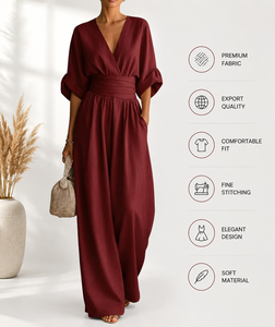 Vestido Maxi Borgoña con Cuello en V, Sin Mangas, Cintura Natural, Corte Holgado, Largo Completo, de Crepé, para Mujer, Primavera, Color Sólido, Algodón Transpirable - Product Image 2