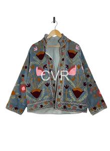 Manteau en coton pour femme grande taille, style bohème, broderie florale à la main, col mandarin, manches longues, vêtement d'extérieur décontracté pour l'automne - Product Image 2