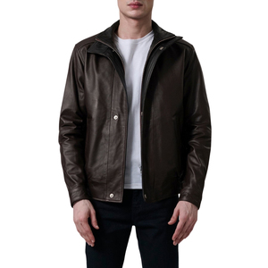 Veste en cuir véritable marron pour homme, fermeture éclair, col rabattable, coupe-vent, veste de motard décontractée - Product Image 5