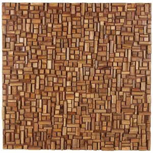 Mosaïque murale rectangulaire géométrique artisanale en bois de manguier brun, style Mid-Century Modern, 40x40cm - Décoration artisanale en gros Aqudus - Product Image 1
