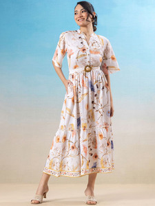 Casual Wear with Elegant Women's Cotton Dress White Floral Print Formal Summer Midi Dress V-neck <b>Three</b> Quarter Sleeve Lace - Product Image 2