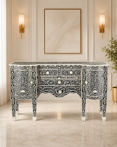 <b>Black</b> Bone Inlay <b>Sideboard</b> Console Table Solid Wood Living Room Cabinet Entryway Storage Furniture - Product Image 1