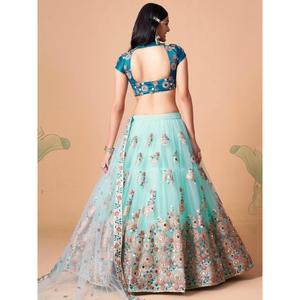 Lehenga choli กระโปรงทำงานตาข่ายสะท้อนแสงสีฟ้าสดใส - Product Image 3