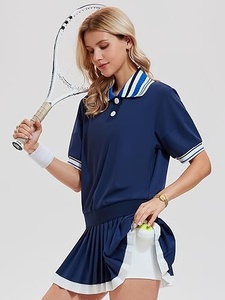 Ensemble de robe de tennis bleu marine pour femmes, col marin, manches courtes, polyester respirant, vêtements de sport d'été, coupe régulière - Product Image 4