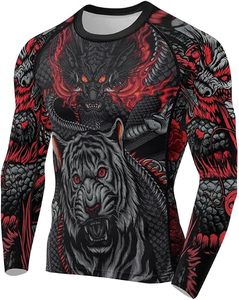 เสื้อรัดรูปแขนยาวสำหรับผู้ชาย พิมพ์ลายเต็มตัว ลายมังกรและเสือ แห้งเร็ว สีดำแดง - Product Image 5
