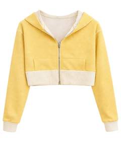 Sudadera con capucha corta para mujer, con cremallera, color amarillo pastel y bloques de color en felpa de algodón, estilo casual y urbano. - Product Image 1