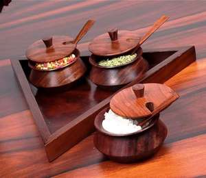 Handcrafted Wooden <b>Spice</b> Box <b>Set</b> | Triangular Condiment <b>Jars</b> with Tray | Kitchen Storage Organizer - Product Image 1