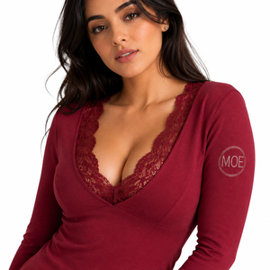 Women's French Terry Lace Trim V Neck Sweatshirt Burgundy Slim Fit Long Sleeve Casual Hoodies Wholesale Private <b>Label</b> - Product Image 3