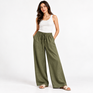 Drawstring Trending Linen Wide Leg Trouser for Women Casual Wear Linen Trouser Low Moq Sustainable - Product Image 1