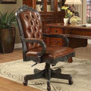 Chaise de <span class=keywords><strong>bureau</strong></span> de direction néo-classique à dossier haut en bois massif, chaise de <span class=keywords><strong>bureau</strong></span> pivotante en <span class=keywords><strong>cuir</strong></span> sur mesure, certification d'ingénierie FF&E - Product Image 1