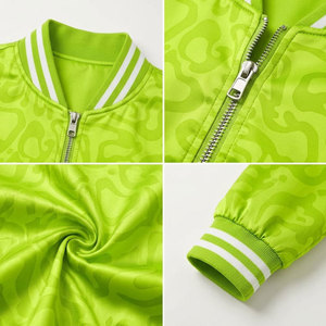 Green Embossed Pattern Varsity <b>Jacket</b> Women's <b>Short</b> Crop Bomber Coat Full <b>Sleeve</b> Turn-down Collar Polyester Zipper Front - Product Image 6