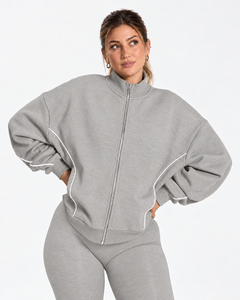 Wholesale <b>Women</b> Contrastline Zip <b>Jacket</b> Tracksuit Set Casual Two Piece Outfit Relaxed Fit Wide Leg Pants Matching Clothing - Product Image 3