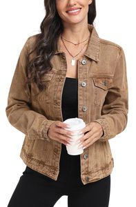 Almond Brown Custom Denim <b>Jacket</b> for <b>Women</b> Winter Autumn Season Cotton-Filled Printed Knitted Ladies Jeans - Product Image 2