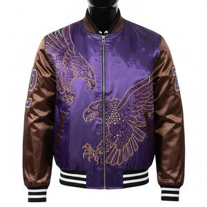 Purple Men's Bomber <b>Jacket</b> With Sequined Eagle Embroidery Brown Sleeves Zipper Closure Casual Style Autumn Wear - Product Image 1