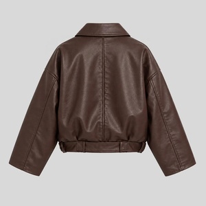 New Arrival Custom Brown Leather <b>Jacket</b> For <b>Women</b> <b>Zip</b> <b>Up</b> Collar Waist Belted Long Sleeve Outerwear Casual <b>Women</b> Crop <b>Jacket</b> - Product Image 5
