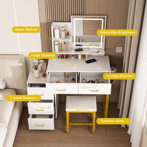 LED Lights 3 Color Power Outlet <b>Makeup</b> <b>Vanity</b> Table with 5 Drawers Sturdy Metal Leg C Metal <b>Makeup</b> <b>Vanity</b> - Product Image 4