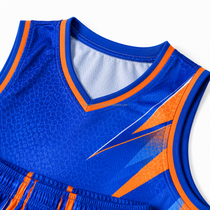 Ensemble de maillot de basket-ball sublimé bleu et orange pour hommes, col en V, sans manches, respirant, en mesh, uniforme sportif toutes saisons - Product Image 3