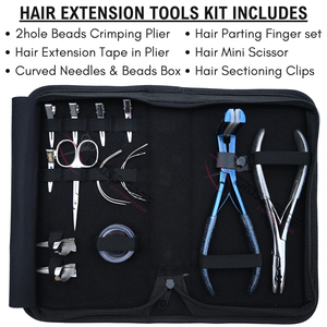 All in One Silver Hair Extension Tool <b>Set</b> with 7 Inch 2 Hole Beads Crimper Tape In Plier Beads Box Mini Scissor Sectioning Clips - Product Image 2