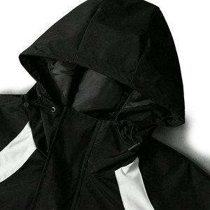Black Hooded <b>Racer</b> <b>Jacket</b> With White Stripes Windproof Zipper Closure Sporty Autumn Wear Loose Fit Polyester Material - Product Image 5