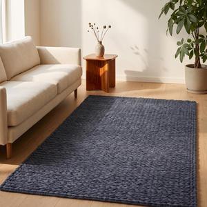 Modern Slate Blue Handcrafted Loop Pile Area <b>Rug</b>, Textured Woven Design, Elegant <b>Rustic</b> Floor Covering for Living Room Bedroom - Product Image 2