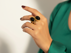 <b>Gold</b> Plated Brass Double Black Onyx Bohemian Geometric Statement <b>Ring</b> - Product Image 2