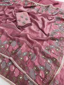 Sari de Seda Suave con Bordado Multihilo, Diseño Pichwai de Flor de Loto, Borde Festoneado, para Fiestas, Estilo Bollywood - Product Image 4