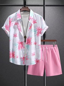 2026 New Arrival Men's Floral Print 2-Piece Casual Short Sleeve Button Shirt Shorts <b>Set</b> Summer Beach Quick Dry Tracksuit - Product Image 5