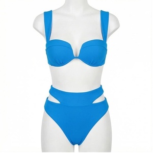 ชุดบิกินี่แบบ Bandeau สีฟ้าล้วนสำหรับผู้หญิง กางเกงเอวสูงแบบ Cut-Out ชุดว่ายน้ำสองชิ้น ผ้าเนื้อยืด - Product Image 1