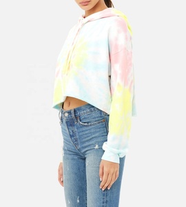 Sweat à capuche femme 100% coton de haute qualité manches longues fermeture éclair personnalisé tie-dye haut court automne/hiver Streetwear col à capuche avant - Product Image 4