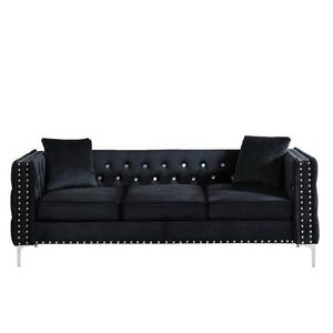 82.3\" Modern Velvet Tufted Square Arm Couch Black Living Room Sofa with Jeweled Buttons and 2 Included Pillows - Product Image 3