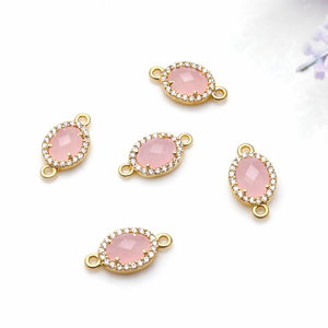 Conector de Colgante Ovalado de Calcedonia Rosa al por Mayor, 7x5mm, con Engaste de Oro y Circonitas Cúbicas, Doble Aro, para Fabricación de Pulseras y Collares - Product Image 1