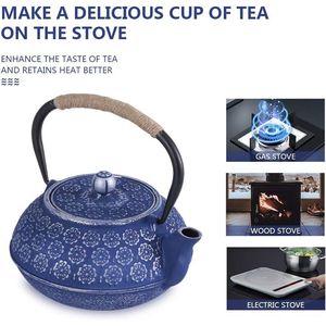 Blue Floral Cast Iron <b>Teapot</b> <b>Set</b> Japanese Style 28 oz Tea Kettle with 4 Stainless Steel Cups & Infuser Stove Top Brewing - Product Image 3