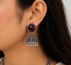 Ruby Red Oxidized <b>Silver</b> Brass Zinc Alloy Imitation Pearl Trendy Drop <b>Earrings</b> Women | Traditional Indian Party Jewelry - Product Image 4