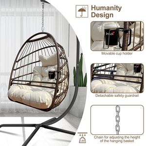 Sedia a dondolo a uovo resistente ai raggi UV per interni/esterni con supporto, pieghevole, antiruggine, con portabicchieri, ringhiera di sicurezza e cuscino inclusi - Product Image 3