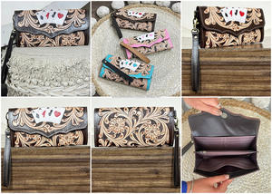 Portefeuille long de luxe 2026 en cuir véritable fait main, motif floral, design jeu de cartes, pochette vintage avec dragonne amovible pour femme - Product Image 3