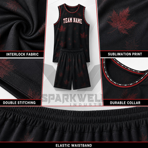 Conjunto de Uniforme de Baloncesto Personalizado, Negro y Rojo con Estampado de Hoja de Arce, Nombre del Jugador Sublimado 00, Cintura Elástica, Sin Mangas, Malla, Unisex, Adulto - Product Image 3