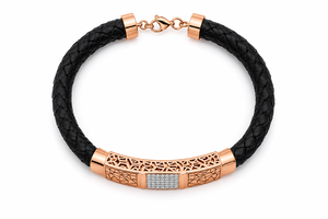 Bracelet manchette en or massif 18 carats Namivaa, cuir tressé noir, diamants, design géométrique de luxe, poli miroir, pour homme, cadeau de mariage ou de fête - Product Image 2
