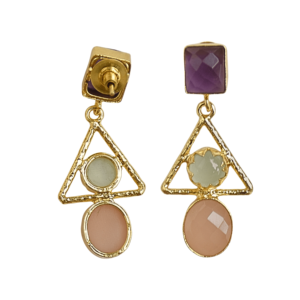 Geometric 3 Stone Drop <b>Earrings</b> Brass <b>Gold</b> Plated Amethyst Rose Quartz <b>Emerald</b> Cut Classic Bohemian Trendy Women's Jewelry Party - Product Image 4